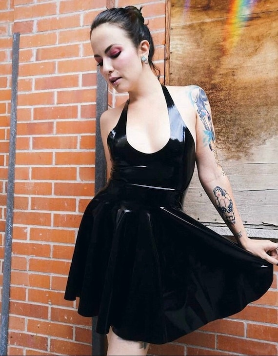 black latex skater dress Honour Female Fabulous High Neck Skater Latex Dress in Classic Black