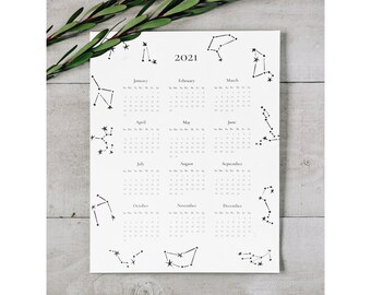 2021 Year-at-a-Glance Calendar | constellation art, zodiac print, constellation wall art, constellations, linocut print, black and white