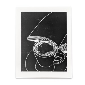 Coffee and Book Print hygge art, coffee art, coffee print, cozy print, reading art, reading print, linocut print, black and white print image 3