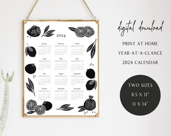 DIGITAL DOWNLOAD - Printable 2024 Year-at-a-Glance Calendar | fruit calendar, pomegranate, lemon, 2024 calendar, black and white calendar