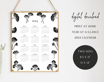 DIGITAL DOWNLOAD - Printable 2024 Year-at-a-Glance Calendar | ginkgo calendar, ginkgo biloba, 2024 calendar, black and white calendar