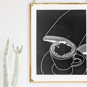 Coffee and Book Print hygge art, coffee art, coffee print, cozy print, reading art, reading print, linocut print, black and white print image 4