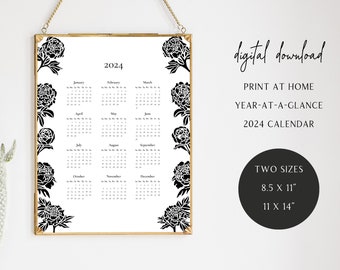 DIGITAL DOWNLOAD - Printable 2024 Year-at-a-Glance Calendar | peony calendar, peonies, 2024 calendar, black and white calendar