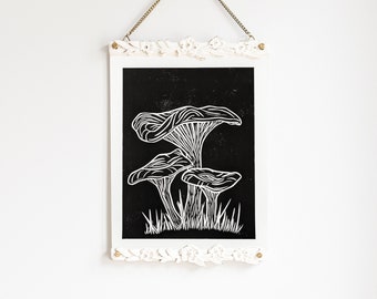 Stampa di funghi/stampa su linoleum, stampa in bianco e nero