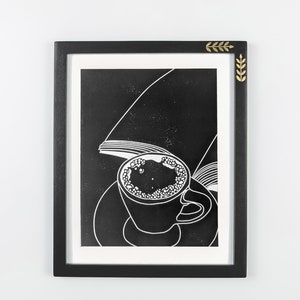 Coffee and Book Print hygge art, coffee art, coffee print, cozy print, reading art, reading print, linocut print, black and white print image 1