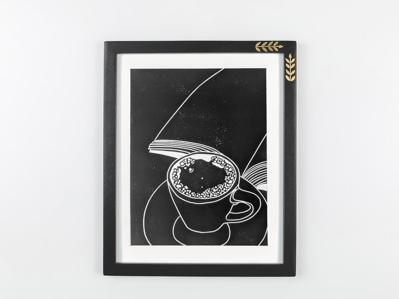 Coffee and Book Print hygge art, coffee art, coffee print, cozy print, reading art, reading print, linocut print, black and white print image 1