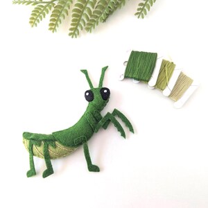 Op de afbeelding: Een handgemaakt groen vilten bidsprinkhaan speelgoed met grote zwarte ogen en gedetailleerde poten. Het insect staat op een wit oppervlak, met spoelen groen garen en een takje groen in de achtergrond.