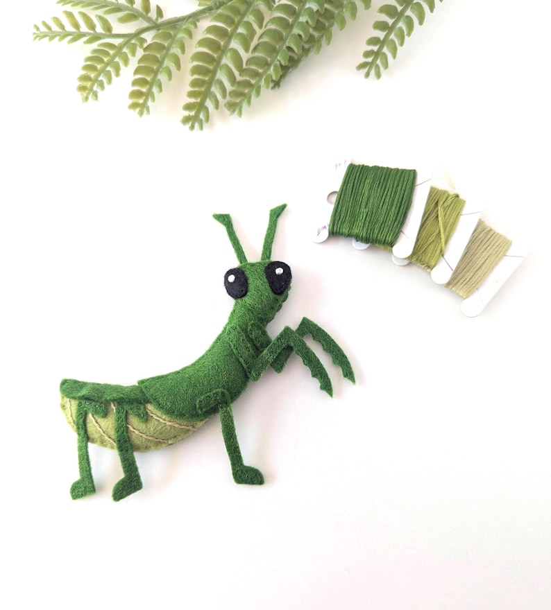 May include: A handmade green felt praying mantis toy with large black eyes and detailed legs. The insect is positioned on a white surface, with spools of green thread and a sprig of greenery in the background.