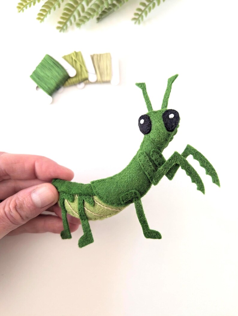 May include: A handmade green felt praying mantis with large black eyes and detailed legs. The insect is held by a hand, showcasing its intricate design. The background includes green thread spools and greenery, suggesting a craft project.