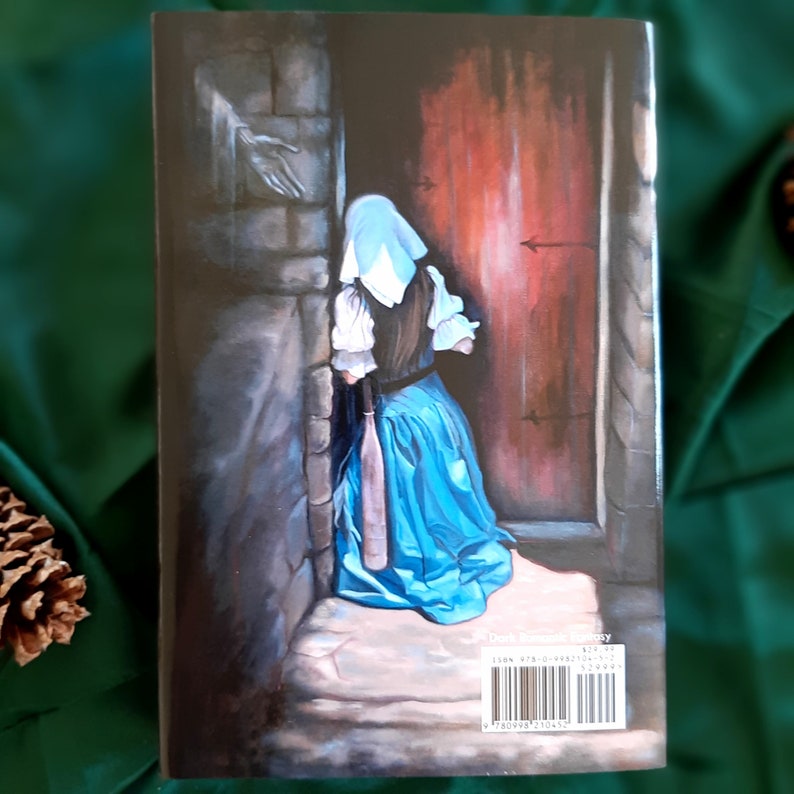 May include: A book cover featuring a painting of a woman in a blue dress and white head covering, standing before a red door. A hand reaches out from a stone wall. The book's title and author are not visible.