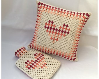 Granny Stripe Heart Set Crochet Pattern – Cushion and Bottle Cover (PDF Download English Only)