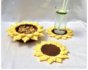 Sunflower Coasters and Basket Set Crochet Pattern Fun Summer Home Decor - Crochet PDF Pattern Download ONLY