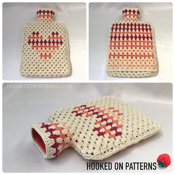 Hot Water Bottle Cover Crochet Pattern - PDF download in ENGLISH ONLY - Granny Stripe Heart Hot Water Bottle Cover Crochet Pattern