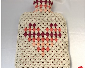 Granny Stripe Heart Hot Water Bottle Cover Crochet Pattern (PDF Download in English Only)
