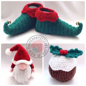Hooked On Patterns&#39; Christmas Crochet Pattern Bundle Set - Santa Gonk, Elf Slippers, Christmas Pudding - PDF Downloads Only