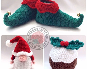 Hooked On Patterns' Christmas Crochet Pattern Bundle Set - Santa Gonk, Elf Slippers, Christmas Pudding - PDF Downloads Only