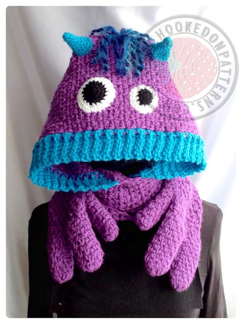 Snuggle Monsters Hooded Scarf with Hand Pockets Crochet PDF Pattern image 3