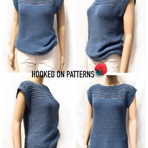 May include: A blue crochet top with a crocheted neckline and short sleeves. The top is shown on a mannequin wearing white pants. The text "HOOKED ON PATTERNS" is visible at the bottom of the image.