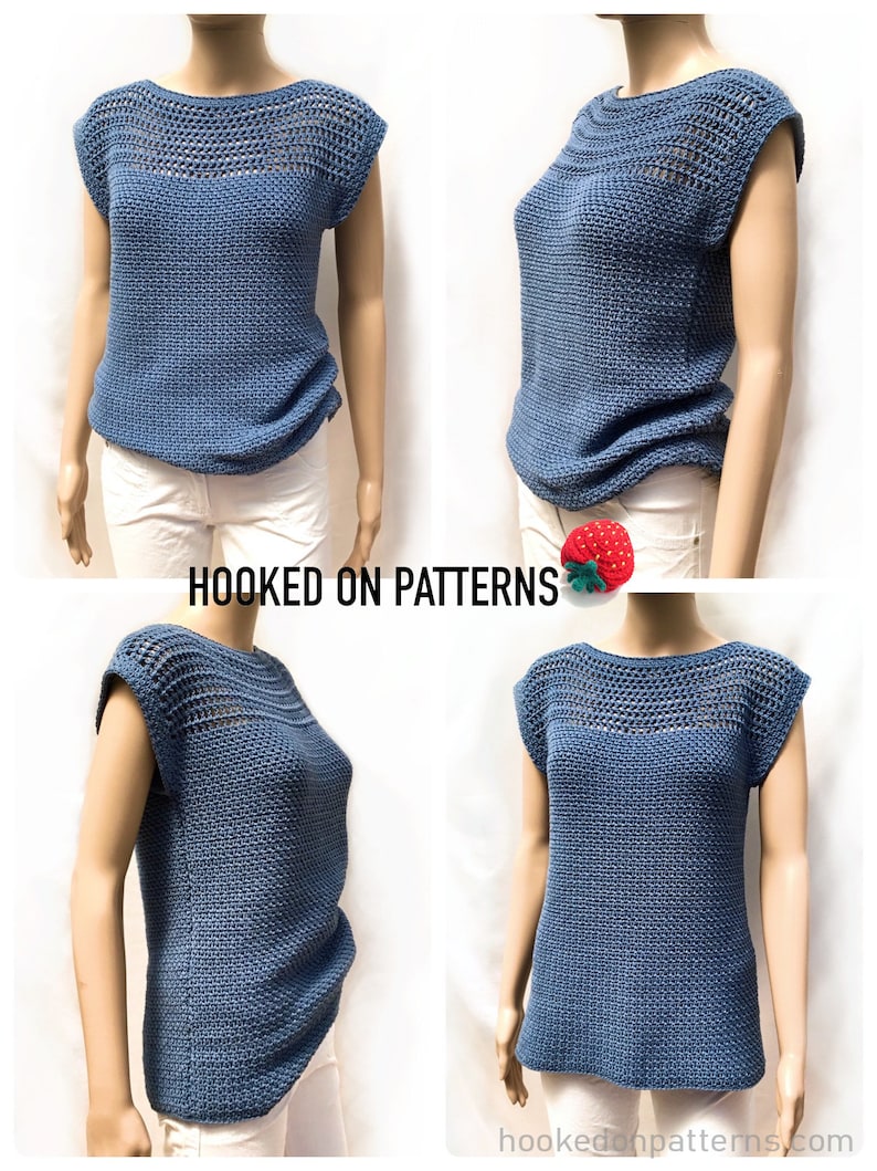 May include: A blue crochet top with a crocheted neckline and short sleeves. The top is shown on a mannequin wearing white pants. The text "HOOKED ON PATTERNS" is visible at the bottom of the image.