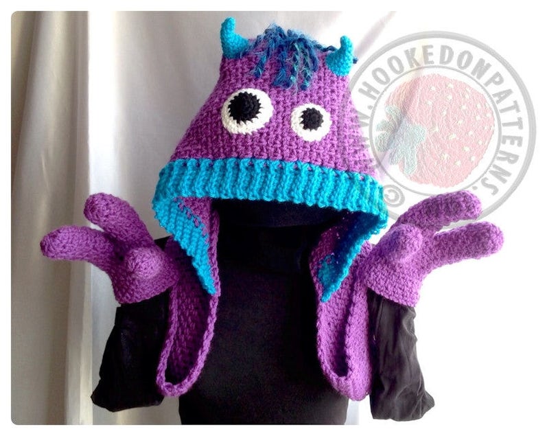 Snuggle Monsters Hooded Scarf with Hand Pockets Crochet PDF Pattern image 2