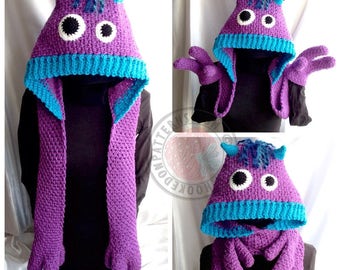 Snuggle Monsters - Hooded Scarf with Hand Pockets - Crochet PDF Pattern