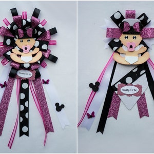 Minnie mouse baby corsage, Minnie mouse baby shower, Minnie mouse pin mommy Minnie Mouse pin daddy pin Minnie Mouse Party baby  Party Decor