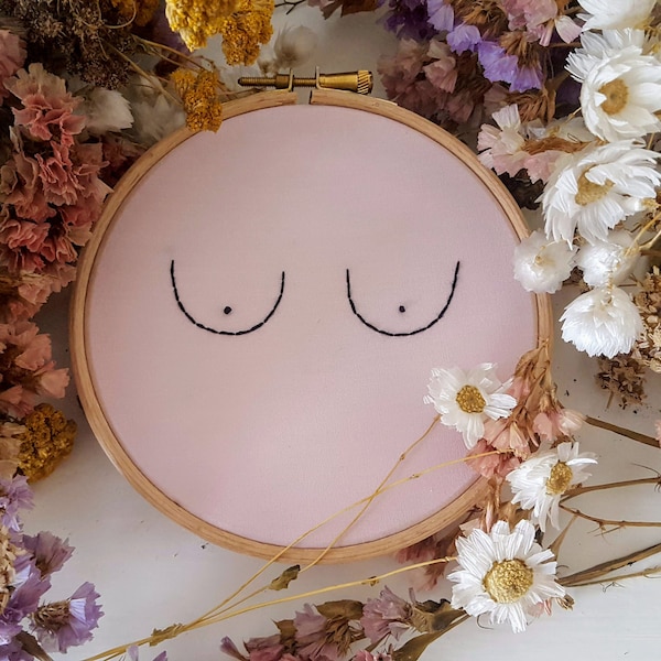 Light Pink Boobies Embroidery - Framed Wall Art, Gift, Present, Mental Health, Breast Feeding , Fiber Art, Feminist, New Mums