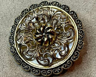 Vintage 60s Filigree Scarf Clip West Germany Gold Tone Ornate Floral Design Lucite
