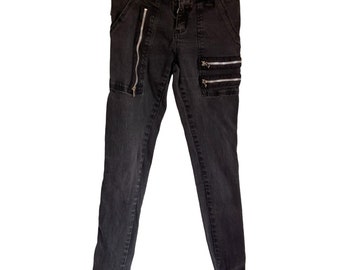 Jeans vintage Y2K Royal Bones con cerniera invecchiata, gamba skinny, Emo Goth, taglia 28 x 30