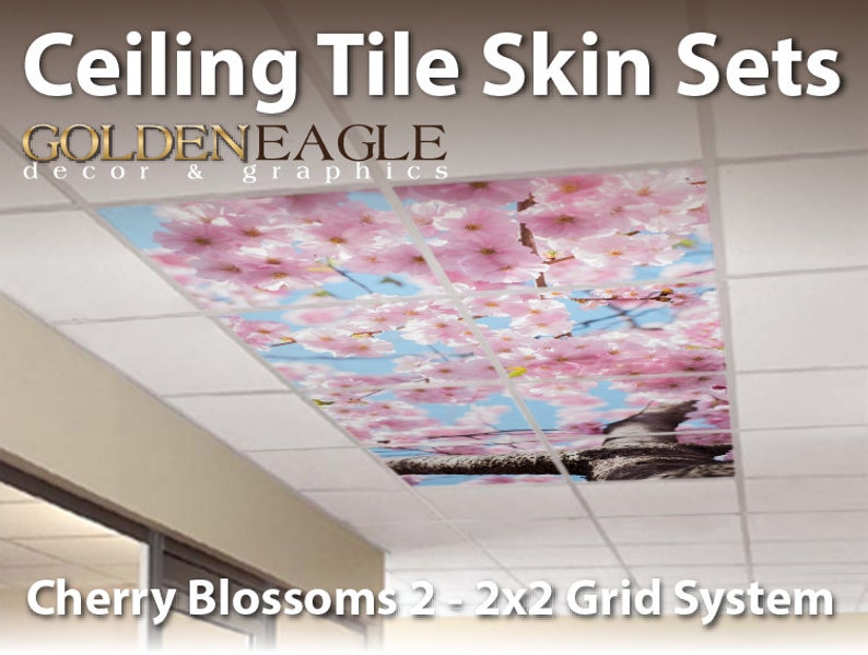 Ceiling Tile Skin Kit 2x2 Grid Glue Up Decorative Panel Cover Wrap Trees Nature Blossoms Asian Oriental Pink Cherry Blossoms
