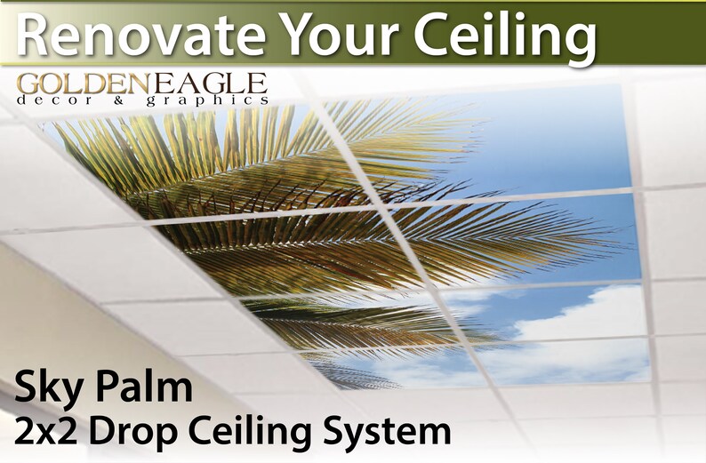 Ceiling Tile Skin Kit 2x2 Grid Glue Up Decorative Panel Cover Wrap Tropical Sky Clouds Sky Palm