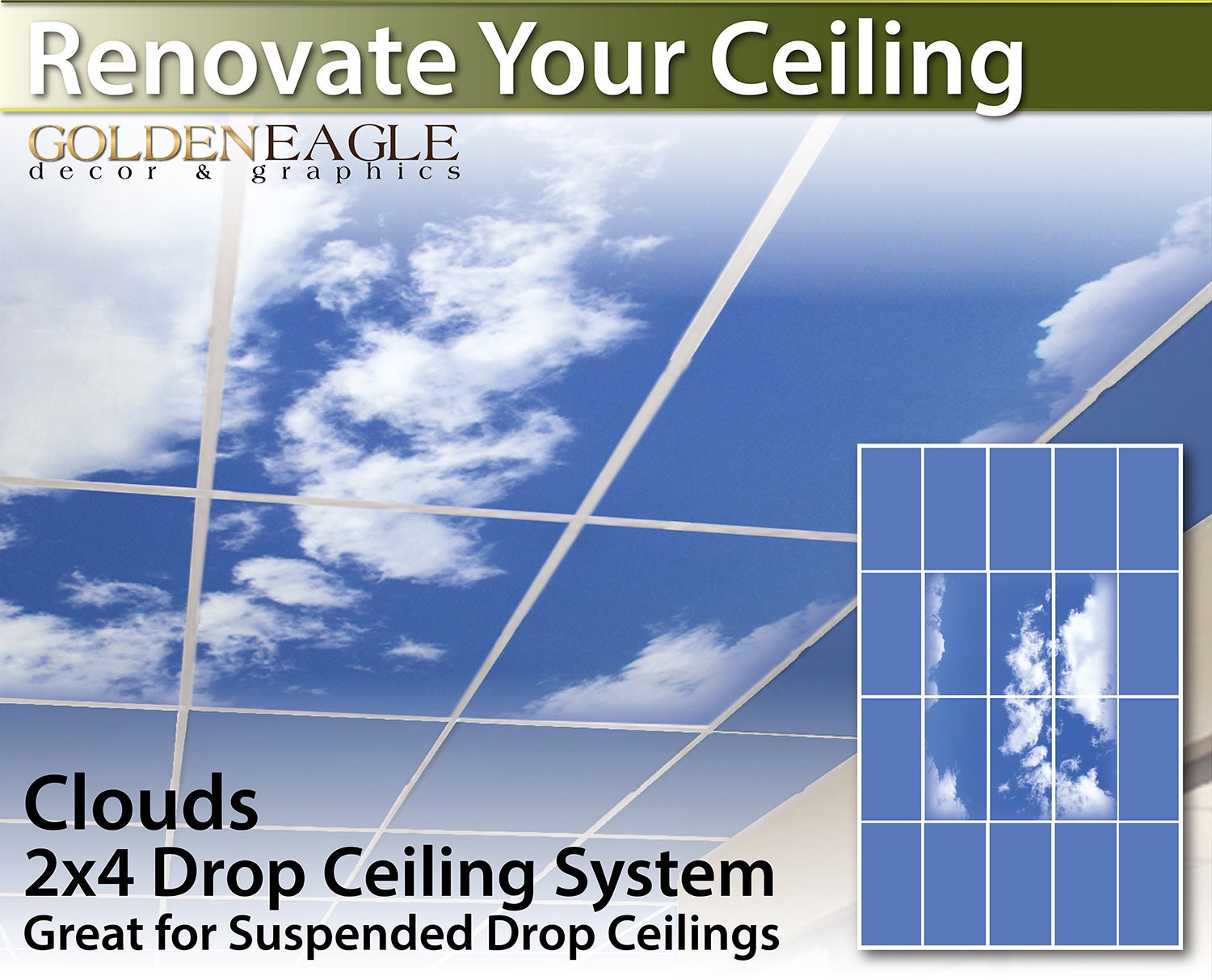 Complete Drop Ceiling Tile Skin Kit 2x4 Grid Glue Up Renovate Diy Clouds
