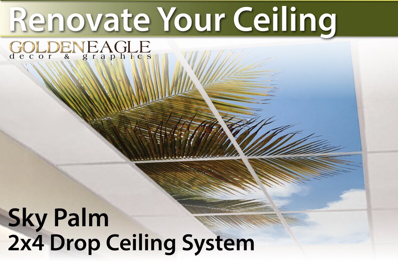 Ceiling Tile Skin Kit 2x4 Grid Glue Up Decorative Panel Cover Wrap Tropical Sky Clouds Sky Palm