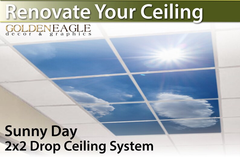 Ceiling Tile Skin Kit 2x2 Grid Glue Up Decorative Panel Cover Wrap Sky Clouds Sunny Day