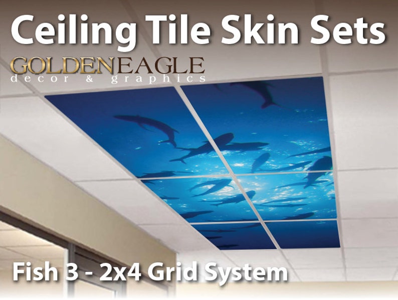 Ceiling Tile Ocean Fish 3 Kit 2x4 Grid Glue Up Decorative Panel Cover Wrap Sea Life Schooling Fish