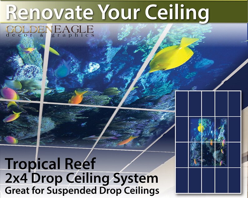 Complete Drop Ceiling Tile Skin Kit 2x4 Grid Glue Up Renovate Diy Tropical Reef