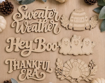 Fall Wood Craft Kit, Unfinished Wood Cutouts, Fall Halloween Thanksgiving DIY Decor, Interchangeable Seasonal Craft Set