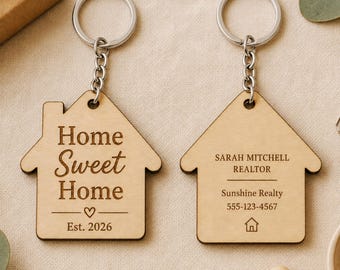 Personalized Realtor Closing Gift Keychains, Bulk Housewarming Gifts for Clients, Engraved Wooden House Keychain, Realtor Gifts