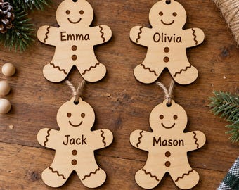 Personalized Gingerbread Man Ornament, Engraved Wood Christmas Name Tag, Stocking Tag, Set of 1–8
