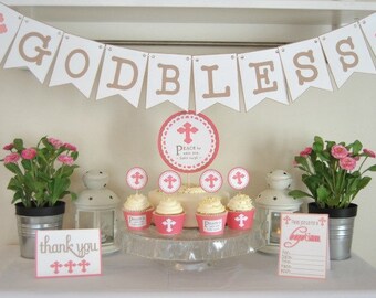 PDF: Baptism Party Celebration Printable Package - Pink, Girls - Instant Download