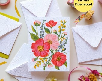 Tarjetas florales pintadas a mano con textura en relieve (4 x 5,5 pulgadas, imprimibles, descarga instantánea)