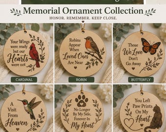 Memorial Ornament with Optional Sympathy Card, Personalized Wood Remembrance Gift, Cardinal, Robin, Butterfly, Hummingbird or Pet Loss