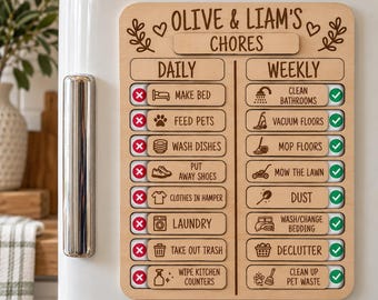 Personalized Magnetic Chore Chart for Kids, Wooden Sliding Routine Board, Custom Daily Weekly Task Tracker, Reusable Chore Checklist