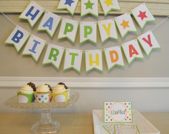 PDF: Happy Birthday Banner, Birthday Party, Birthday Bunting, Colorful Party, Polka dot Party, Cupcake Wrappers, Invite, Thank You Card