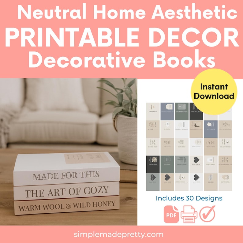 Puede incluir: Una pila de tres libros decorativos con los t&iacute;tulos "MADE FOR THIS", "THE ART OF COZY" y "WARM WOOL & WILD HONEY". La imagen tambi&eacute;n incluye un conjunto de 30 dise&ntilde;os decorativos imprimibles y las palabras "Descarga instant&aacute;nea".