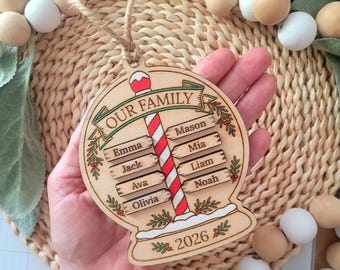 Personalized Family Christmas Ornament, Wood Snow Globe with 1–8 Names, Custom Family Gift