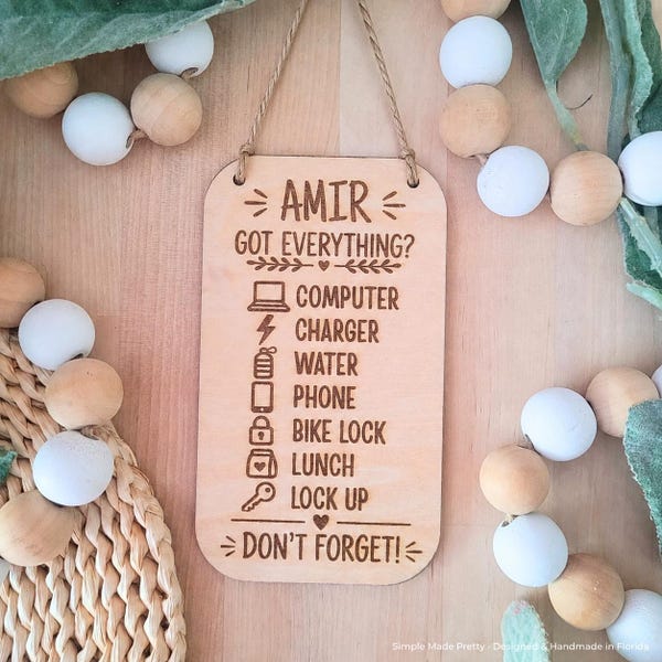 Personalized Morning Checklist Sign, Natural Wood, Magnetic Door Reminder (3.5" x 6")