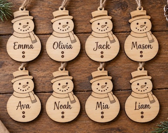 Personalized Snowman Christmas Ornament, Engraved Wood Name Ornament, Snowman Stocking Tag, Set of 1–8