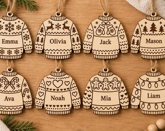 Personalized Ugly Christmas Sweater Ornament, Engraved Wood Name Tag, Family Set of 1–8