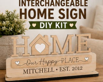 Interchangeable Home Sign, Personalized HOME Sign DIY Kit, Unfinished Wood Craft Kit, Family Name Shelf Sitter